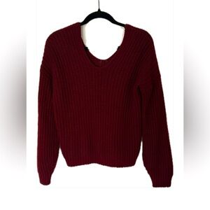 Red V-Neck Ribbed Knit Drop Shoulder Sweater